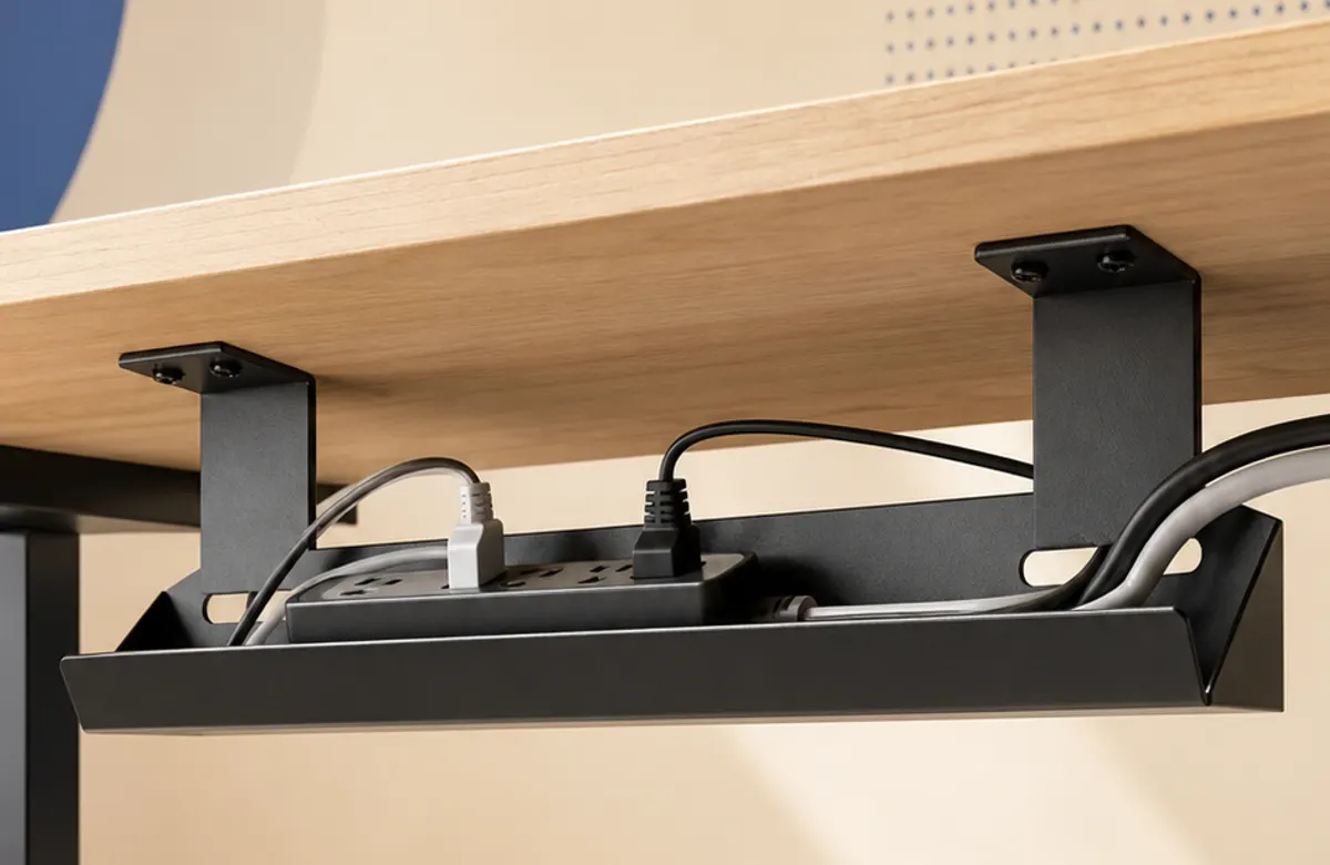 Illustrative category view of an open metal under-desk cable tray attached with screws